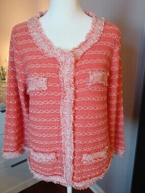 RQT Coral Crochet Sweater Cardigan Sz L Frayed Cotton Blend Work Wear Office